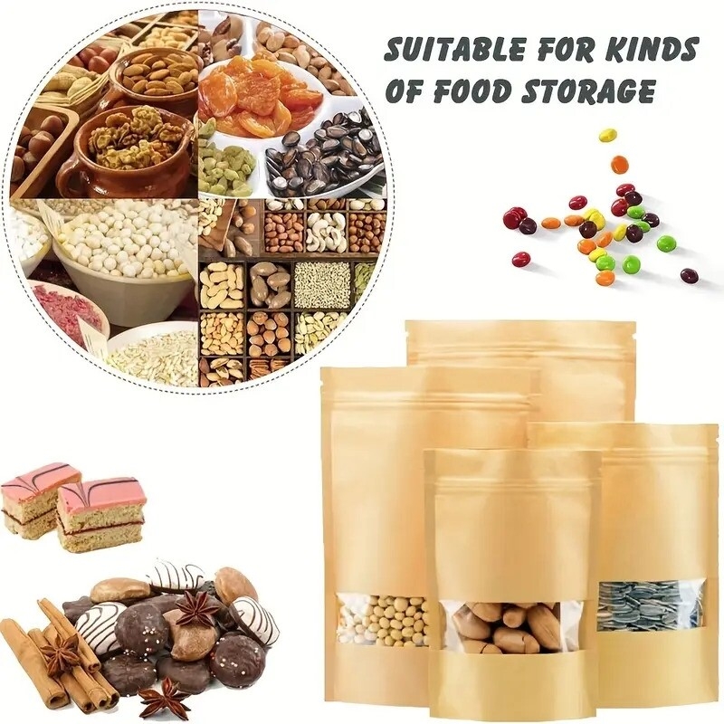 24 piece reusable kraft paper bags with window leakproof zip lock food storage pouches multiple sizes details 1