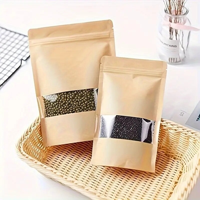 24 piece reusable kraft paper bags with window leakproof zip lock food storage pouches multiple sizes details 4