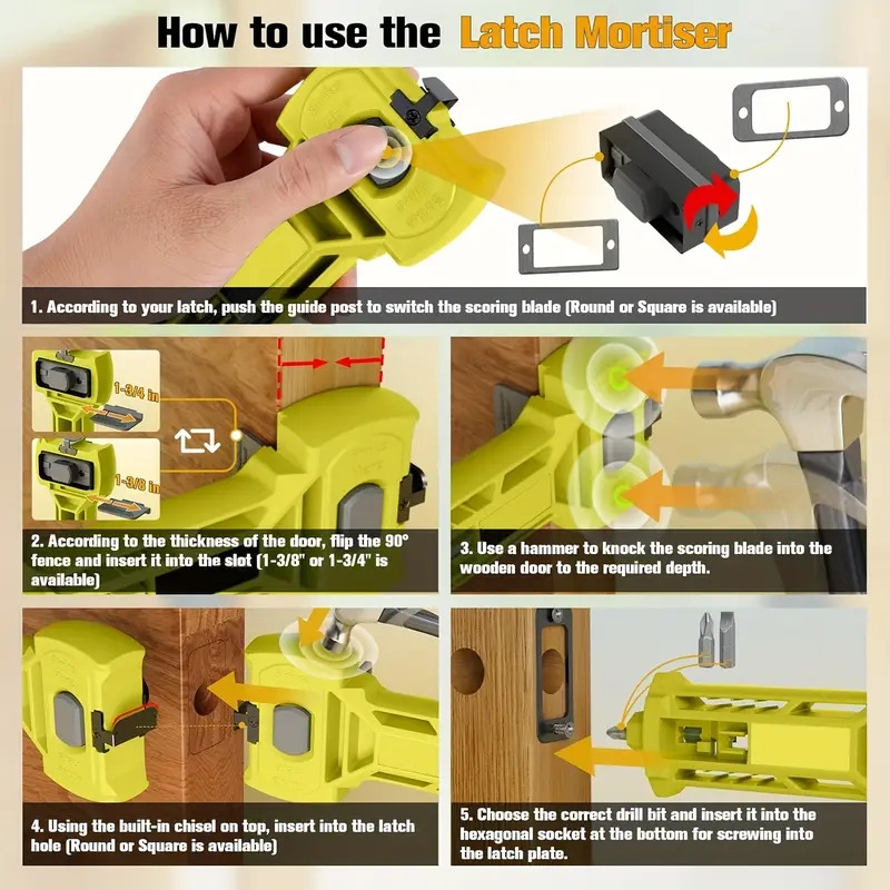 门闩安装套件，用于精确划分和凿刻的门闩嵌合工具，准确专业安装，适用于方形或圆形死锁、1-3/8 英寸或 1-3/4 英寸厚门的门安装套件，内置划分和凿子工具 商品详情 5