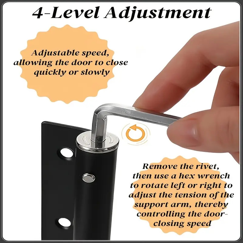 1件不锈钢自动门闭合器，150度开启角度安全弹簧自关闭铰链，可调节速度闭合，自动门顶锁软关，带力臂、螺丝和扳手，适用于住宅使用 商品详情 3