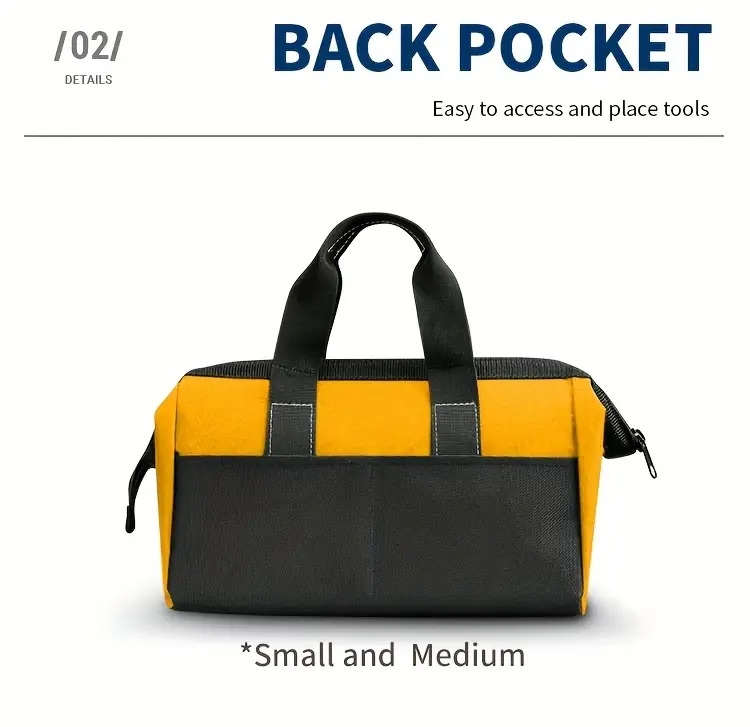   重型耐磨工具包 - 加厚便携式宽口多隔层电工、木匠、机械师及家用（黄色/黑色）| 坚固手柄工具袋 | 多功能工具收纳包 商品详情 2
