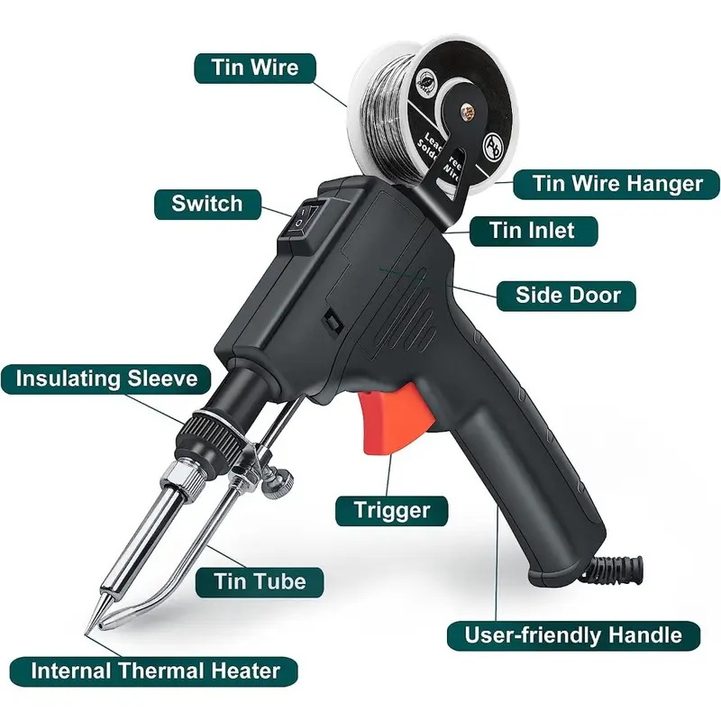 10pcs set soldering iron kit automatic hand held soldering gun welding tool with 5pcs soldering tips desoldering pump tweezers soldering wires mini bracket for     electronics repair details 2