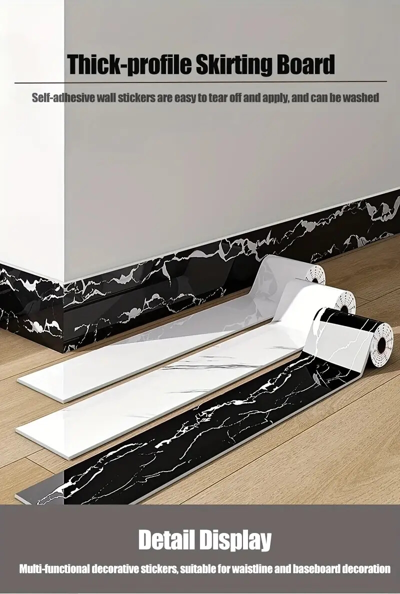 1卷=196.85英寸长x3.94英寸宽，加厚大卷大理石自粘踢脚线墙纸，即剥即贴，diy可拆卸，无残留移除，易粘贴，pet乙烯基材料，防水，防潮，易打理，可水洗，适用于电视背景墙门框相框装饰贴纸，家具饰品。客厅墙角，天花墙角，厨房角落，卫生间隔断踢脚线墙贴，翻新壁纸 商品详情 0