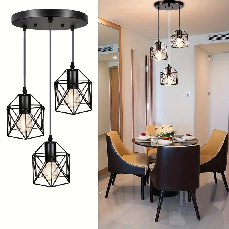 1pc vintage 3 lights ceiling lamp adjustable hanging pendant lights industrial flush mount ceiling lighting fixture e27 base black geometric ceiling hanging lamp for kitchen dinning room hallway details 2