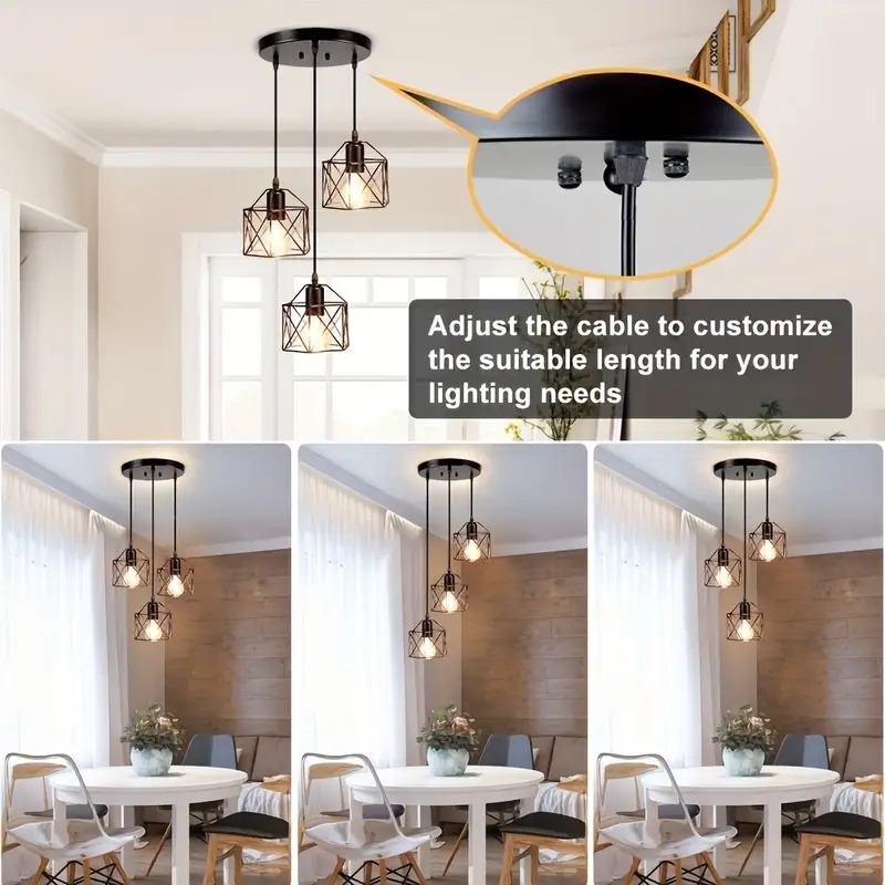 1pc vintage 3 lights ceiling lamp adjustable hanging pendant lights industrial flush mount ceiling lighting fixture e27 base black geometric ceiling hanging lamp for kitchen dinning room hallway 3