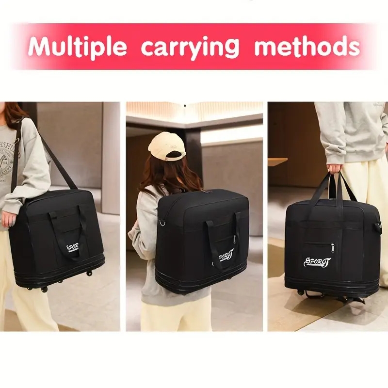 simple black travel luggage bag with wheels versatile carry on zipper duffle bag moving bag details 2