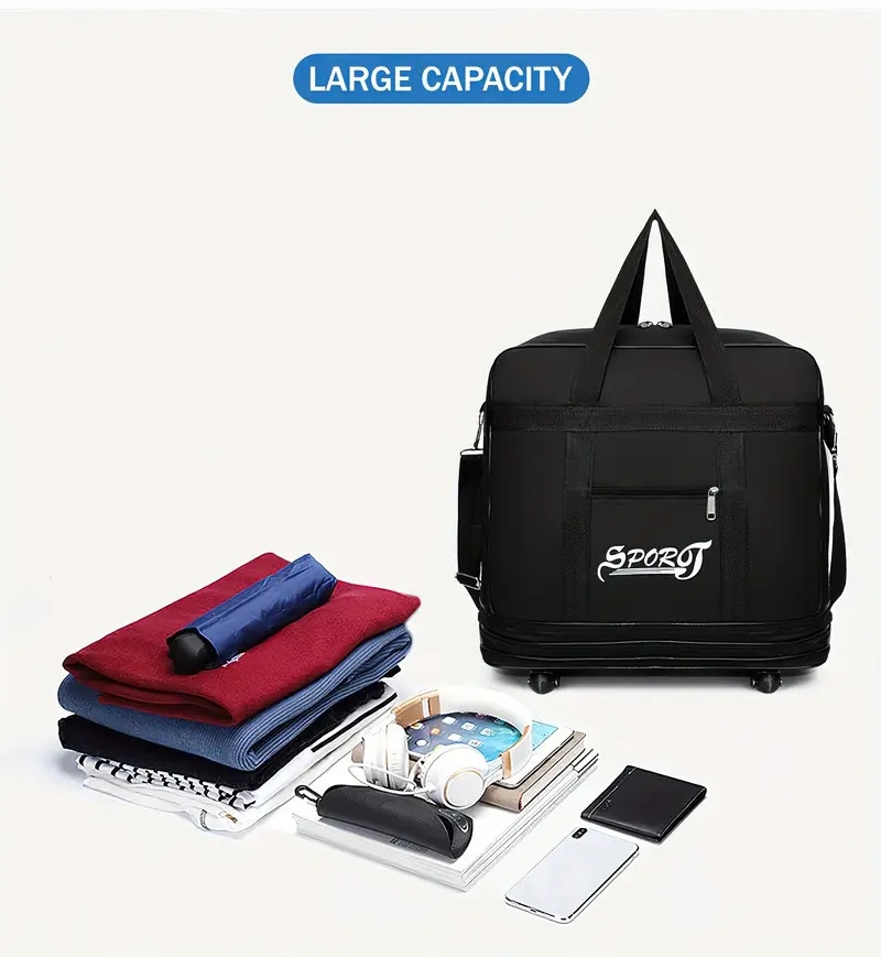 1pc waterproof folding portable travel bag with wheels multilayer large capacity trolley suitcase bag lightweight business duffel bag details 4