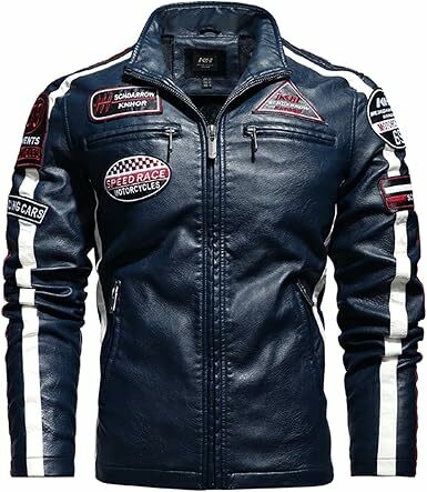 Rrongwn Veste de moto pour homme - Veste de pilote en cuir - Veste d'hiver en cuir - Veste de motard pour homme - Veste demi-saison - Col montant - Veste de rocker - Veste d'aviateur avec boutonnière