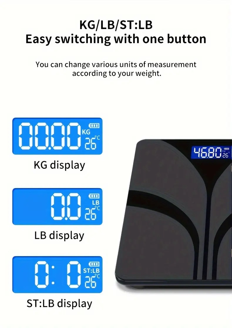 时尚黑色智慧家庭秤，带有易于读取的 lcd 显示屏 - 精确到 0.1 lbs/400 lbs，温度和重量测量，现代浴室优雅设计，aaa 电池供电（不含电池） 商品详情 3