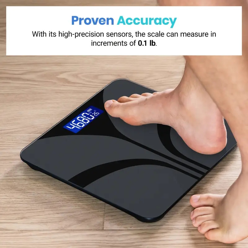 时尚黑色智慧家庭秤，带有易于读取的 lcd 显示屏 - 精确到 0.1 lbs/400 lbs，温度和重量测量，现代浴室优雅设计，aaa 电池供电（不含电池） 商品详情 2