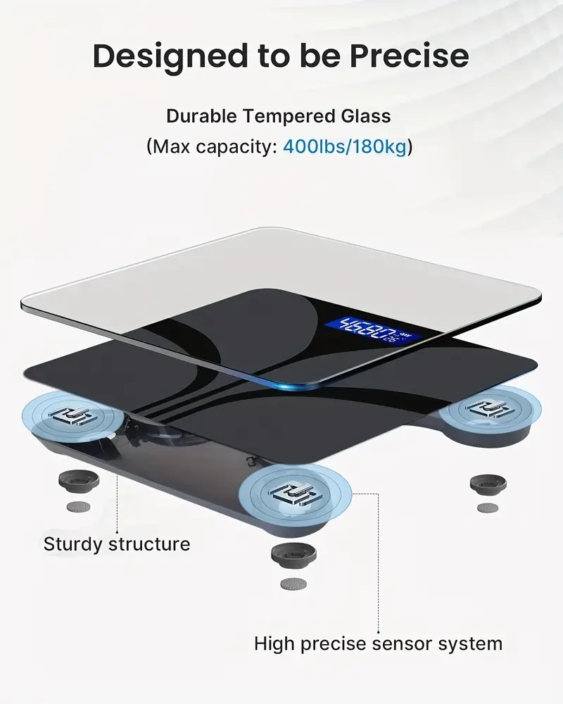 时尚黑色智慧家庭秤，带有易于读取的 lcd 显示屏 - 精确到 0.1 lbs/400 lbs，温度和重量测量，现代浴室优雅设计，aaa 电池供电（不含电池） 商品详情 6