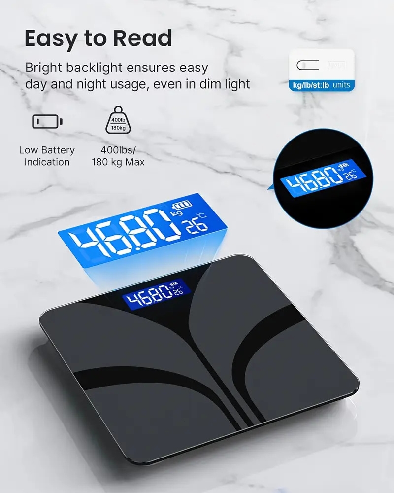 时尚黑色智慧家庭秤，带有易于读取的 lcd 显示屏 - 精确到 0.1 lbs/400 lbs，温度和重量测量，现代浴室优雅设计，aaa 电池供电（不含电池） 商品详情 4