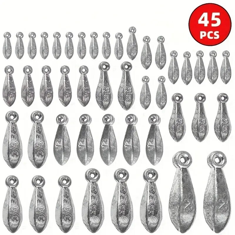 45 pack fishing sinkers set hexagonal teardrop lead weights with swivels 1 8 oz to 2 oz ideal for saltwater and drop shot casting lead material silvery details 1