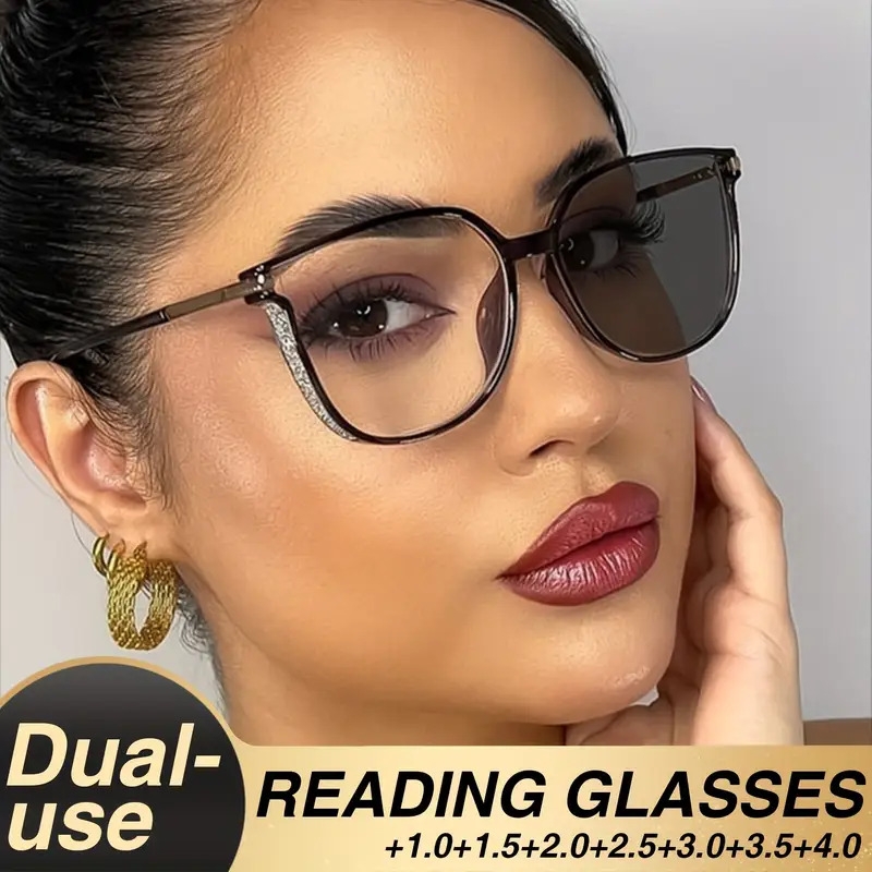 2件套组合装变色阅读眼镜,镜片根据光源强度变化颜色深浅,经典星空闪粉设计大框架老花镜,适合室内使用,高端日常时尚配饰
