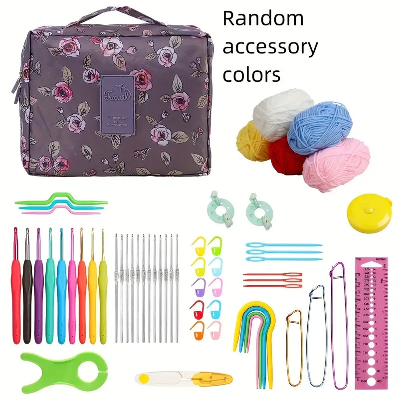 59pcs set cat printing crochet kit metal crochet kit with yarn hook box scissors suitable for beginners and experienced crocheters 6 colors to choose the color of the storage bag is fixed and the color of other accessories is supplies chinese new year lunar new year decor for gift rose 13