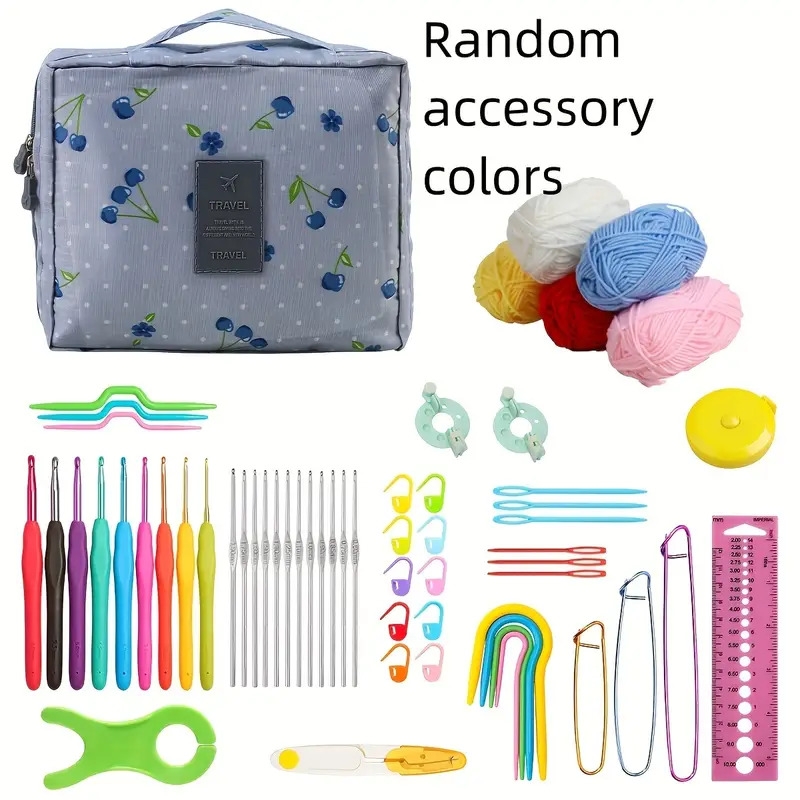 59pcs set cat printing crochet kit metal crochet kit with yarn hook box scissors suitable for beginners and experienced crocheters   6 colors to choose the color of the storage bag is fixed and the color of other accessories is   supplies chinese new year lunar new year decor for gift blue cherries 11