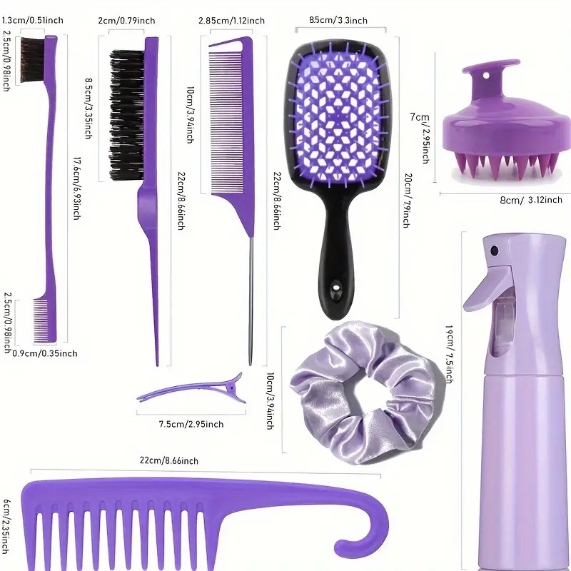 12pcs set hair styling comb set detangling hair brush for all hair types detangler brush teasing hair brush rat tail comb edge brush silicone scalp massager shampoo brush for shower hairdressing spray bottle hair styling tools travel essentials details 4