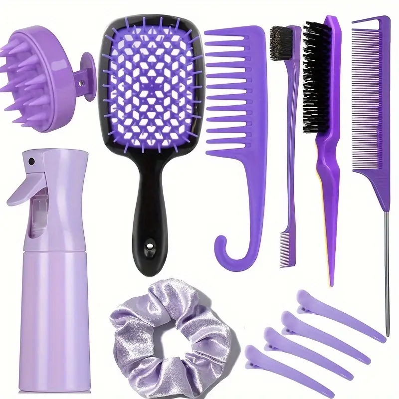 12pcs set hair styling comb set detangling hair brush for all hair types detangler brush teasing hair brush rat tail comb edge brush silicone scalp massager shampoo brush for shower hairdressing spray bottle hair styling tools travel essentials details 3
