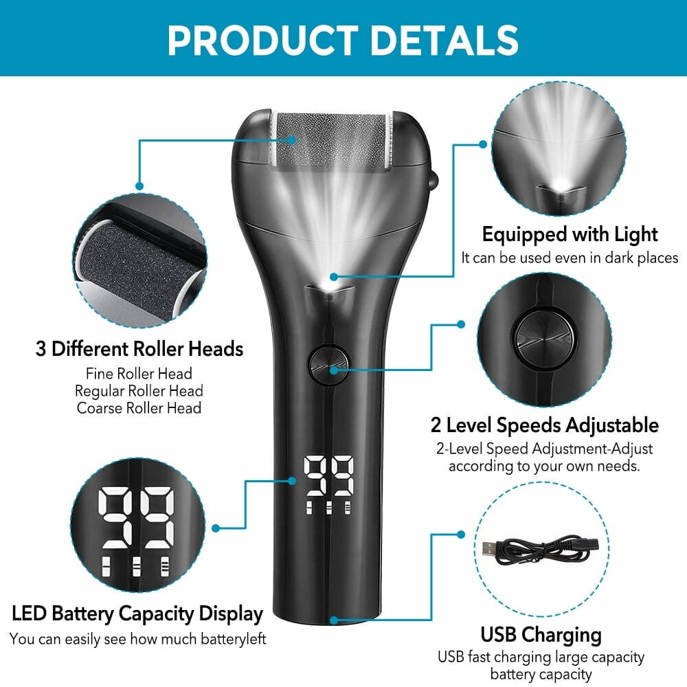 Electric Foot Callus Remover, Rechargeable Portable Electronic Foot File Pedicure Kits, Waterproof Foot Scrubber File, 16 in1 Professional Pedicure Tools, Foot Care for Dead Skin Ideal Gift, 3 Rollers