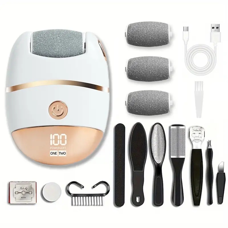 升级版电动足部研磨机，带有3个备用研磨头，电动足部研磨器，用于去除，10件修脚工具套装 - 紧凑便携，适合旅行 - 父亲节和母亲节的最佳礼物 0