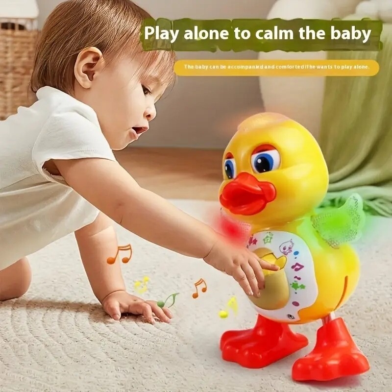 interactive dancing duck toy with music dynamic lights and eye blinking effects educational cartoon animal toy plastic construction with battery not included for toddlers 0 3 years ideal for halloween and christmas gifts 0