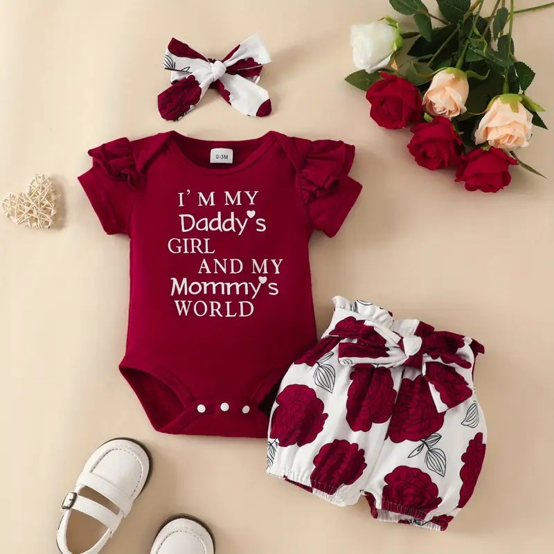 headband, baby girls im my daddys girl and my mommys world graphic onesie floral shorts headband set details 1