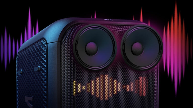 Gros plan sur les haut-parleurs d’aigus à dôme de 2,5 pouces, des ondes sonores représentant des sons aigus sont affichées en arrière plan. La taille des haut-parleurs d’aigus à dôme est amplifiée dans un souci d’illustration. Sous les haut-parleurs un égaliseur de son est affiché sur le panneau LED. 2,5 pouces = 6,35cm