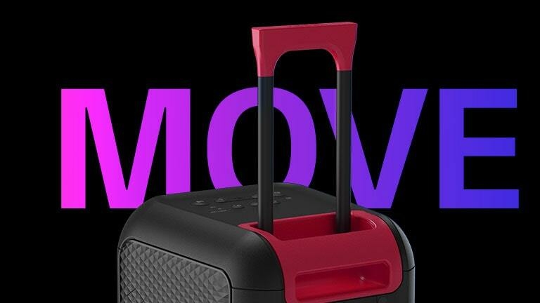 Gros plan sur la poignée télescopique. Le mot « MOVE » est écrit derrière dans un soucis d’esthétique.
