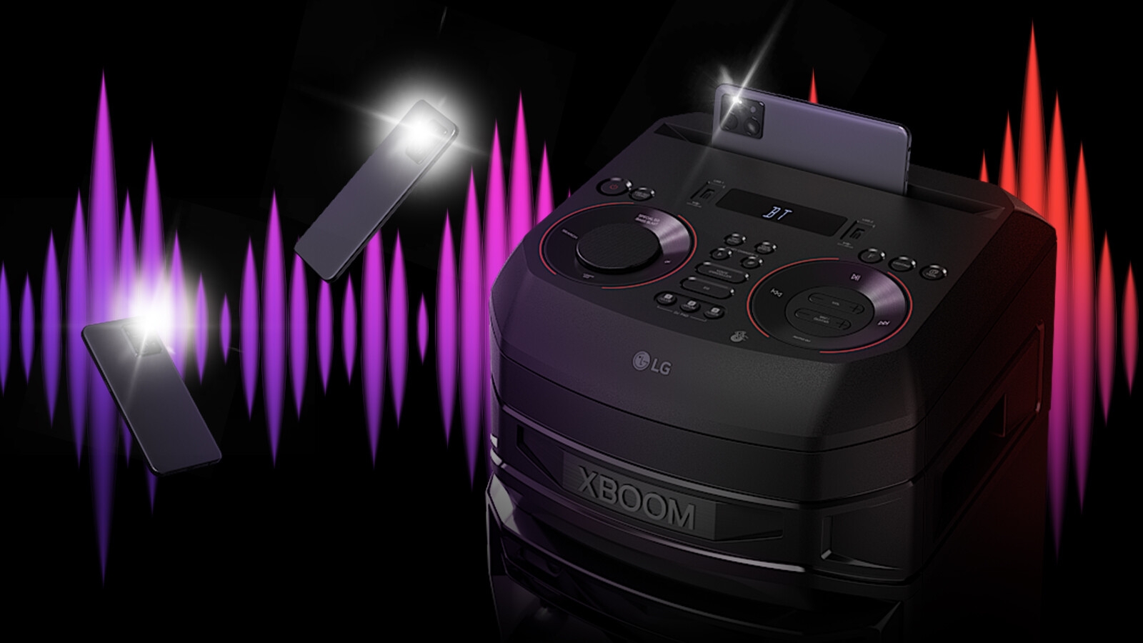 Un gros plan du dessus du LG RNC5. Deux smartphones avec le flash allumé flottent autour. Un égaliseur coloré se trouve derrière le haut-parleur.