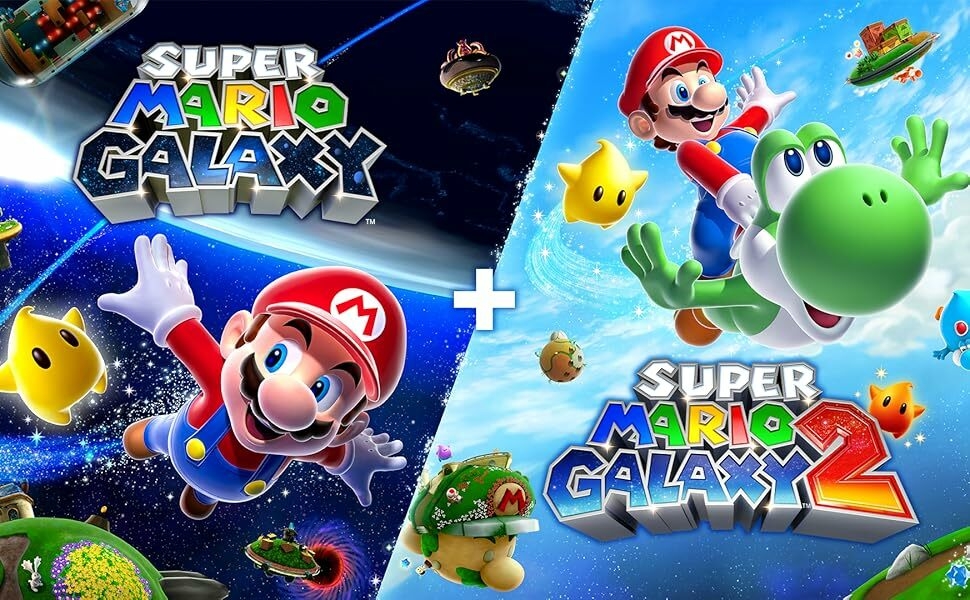 Le texte indique « SUPER GALAXY » et montre des illustrations promotionnelles de jeux mettant en vedette les personnages de Mario, Yoshi et des environnements spatiaux colorés sur plusieurs bannières connectées.
