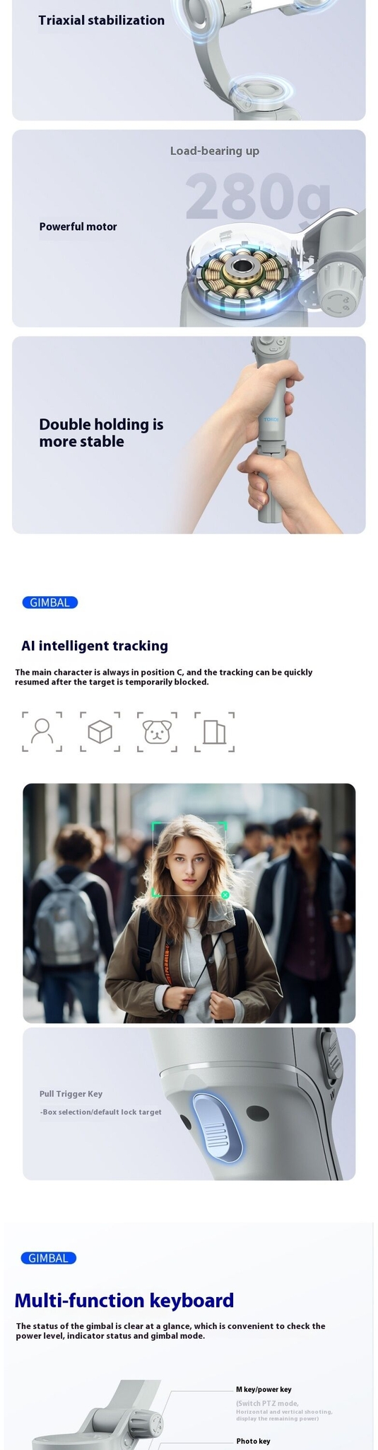 Stabilisateur de main à trois axes intelligent TOKQI M01, anti-vibration, pour la photographie mobile, suivi du visage, support de diffusion en direct