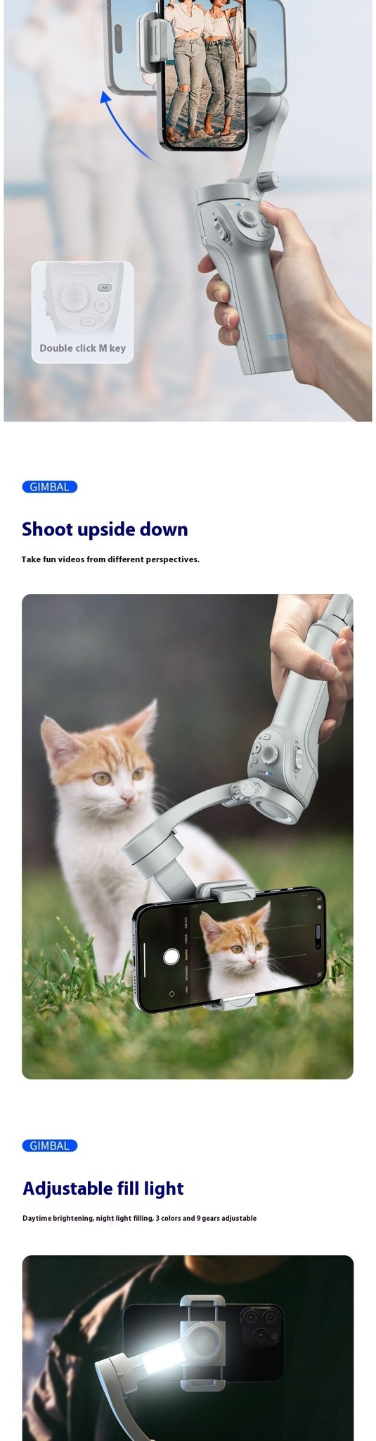 Stabilisateur de main à trois axes intelligent TOKQI M01, anti-vibration, pour la photographie mobile, suivi du visage, support de diffusion en direct