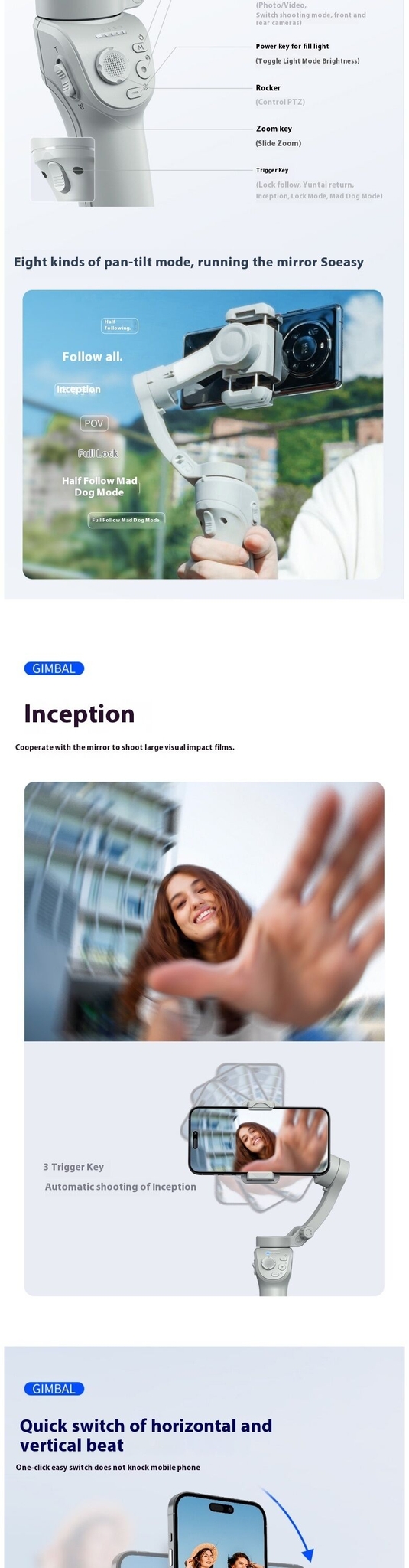 Stabilisateur de main à trois axes intelligent TOKQI M01, anti-vibration, pour la photographie mobile, suivi du visage, support de diffusion en direct