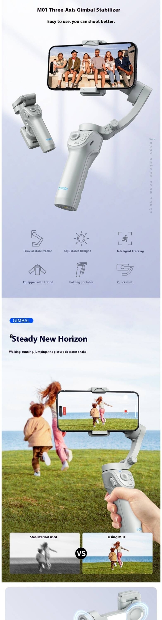 Stabilisateur de main à trois axes intelligent TOKQI M01, anti-vibration, pour la photographie mobile, suivi du visage, support de diffusion en direct