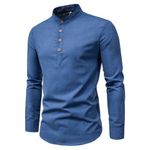 Chemise Homme Col Érigé Casuel Vintage – Bleu Marine