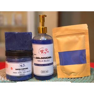 gamme nila bleu gel de douche (300ml),un pot savon corps (300grs),un savon de visage (150grs ) un sachet de poudre  nila (50grs)  anti hyperpigmentation,anti tache,