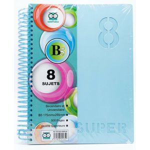 Super Cahier à Spirale 8 Sujets – 500 Pages – Idéal Secondaire et Universitaire - Bleu Clair