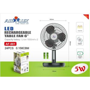 Ventilateur de Table Rechargeable LED 6" - AF-881 - Haute Capacité 3600mAh - 3 Vitesses - Noir