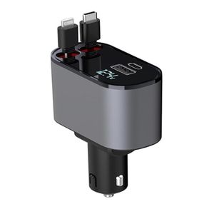 TodyJeyHo Chargeur de voiture rétractable, chargeur rapide de téléphone de voiture 60W, câbles de charge pour iPhone + câble de charge Type C + ports USB (A+C) adaptateur de chargeur de voiture, compatible avec iPhone, Huawei Galaxy S23/S22/S10