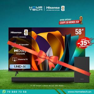 Hisense Tv 58 Pouces Smart Vidaa + Barre De Son HS1800 - 140 Watts - Garantie 12 Mois