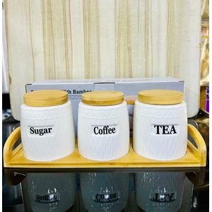 Set de 3 Bocaux de Conservation Premium en Céramique – Design Relief avec Couvercles en Bambou et Plateau – Pour Sucre, Café, Thé