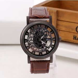 Montre homme avec design squelettique et bracelet en cuir - Marron