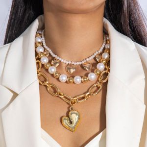 CALLIARA Set de 3 Colliers Empilables Luxe Cœur Perle, Collier Ras-du-Cou Chaîne Épaisse Or Vintage, Colliers Luxe Niche pour Femme