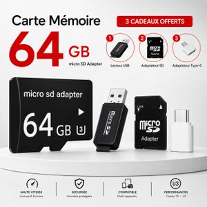 Carte Mémoire 64GB Haute Vitesse (Classe 10 - U3) + 3 Cadeaux Offerts (Lecteur USB, Adaptateurs SD & Type-C)