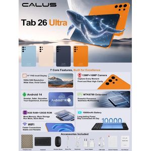 Tablette Tactile CALUS Tab 26 Ultra (11" FHD InCell 1920x1200) - Octa-Core MTK6799, 128Go ROM, 8Go RAM, Android 14, Batterie 10000mAh - Pack Complet avec Clavier, Souris, Stylet & Écouteurs