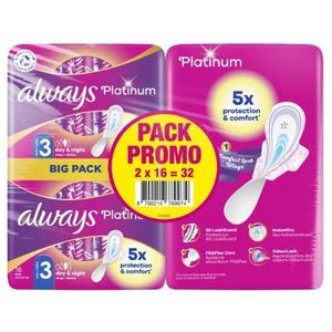 Always Serviettes Hygiéniques Platinum Taille 3 – Pack Promo 32 Serviettes (2 x 16) – 5X Protection & Confort