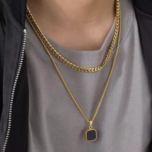 Collier Homme Double Chaîne Dorée – Pierre Noire