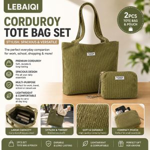 Gukbis Sac de grande capacité en velours côtelé et toile – Ensemble cabas artistique et minimaliste (porté épaule ou croisé) – Vert forêt (Pochette assortie incluse)