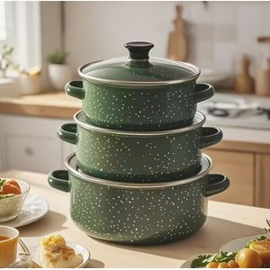 Marmite en émail 3 pièces avec couvercle, cuiseur portable multifonction réutilisable, marmite à soupe - Vert