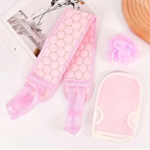 Lot de 3 accessoires de bain, éponge de douche , gants, lave dos - ROSE